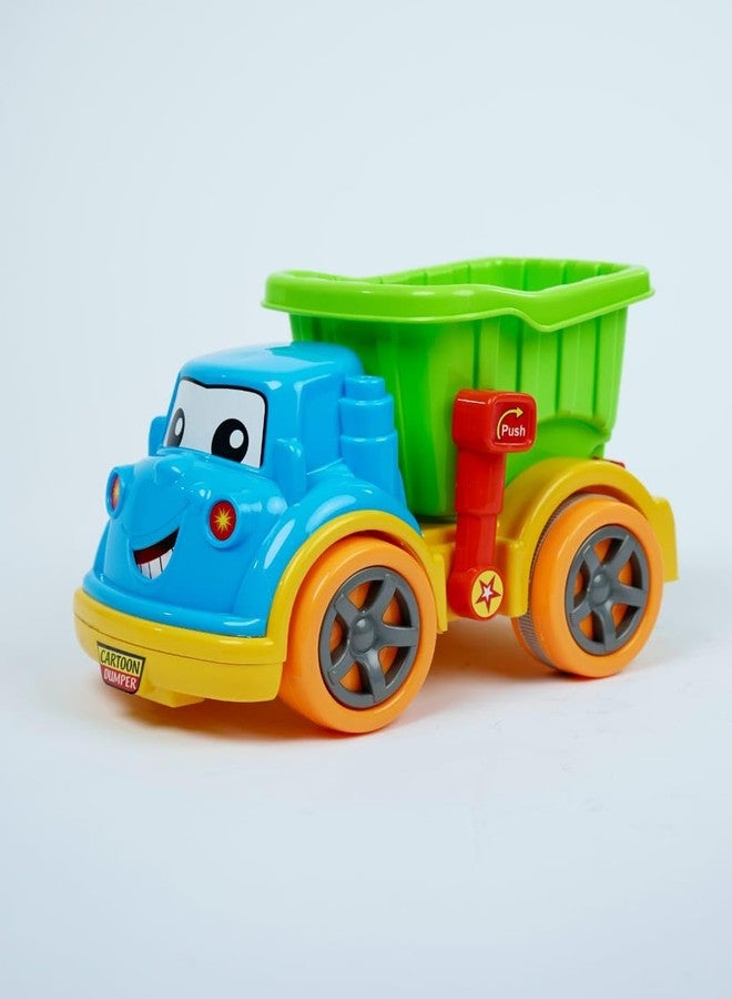 FairyFrolic لعبة شاحنة قلابة بلاستيكية من فيري فروليك 🚛 للأطفال - تصميم وجه كرتوني، مركبة بناء ملونة ومتينة للعب في الأماكن المغلقة والمفتوحة، لعبة دفع وانطلاق للأطفال الصغار والأولاد - Image 1